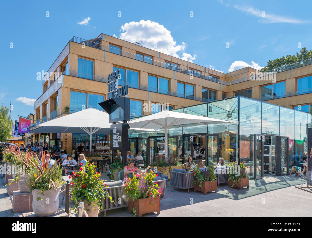 Abba Museum, Stockholm. Cafe / Bar in front of Abba The Museum and Pop House Hotel, Djurgården, Stockholm, Sweden Stock Photo