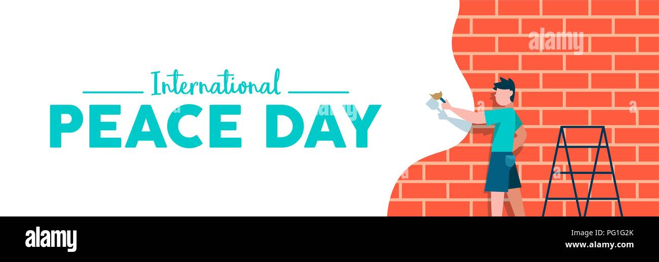 International Peace day web social media banner illustration, peaceful art expression concept. Boy painting brick wall in white color for world childr Stock Vector