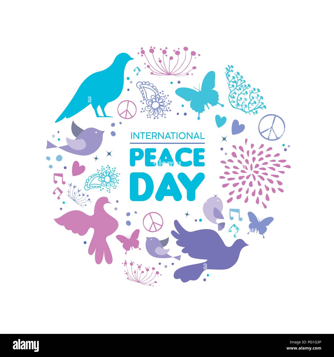 International Peace Day card illustration, dove bird hand drawn doodle decoration with nature elements for special celebration. EPS10 vector. Stock Vector