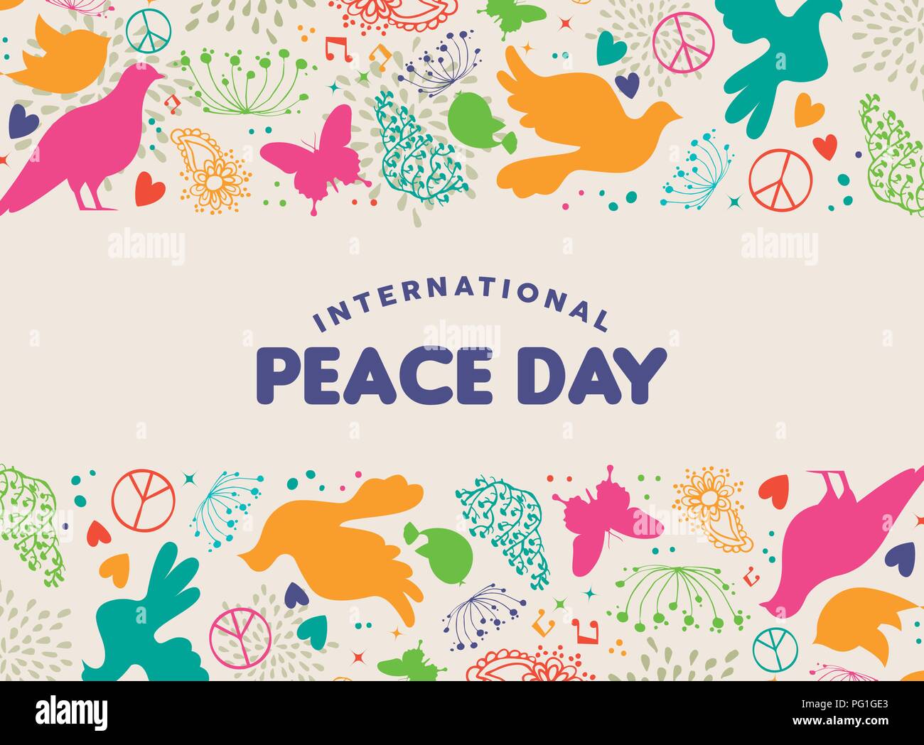 International Peace Day illustration, colorful peaceful icons in hand drawn style with typography quote. Hope dove, nature decoration and spring plant Stock Vector