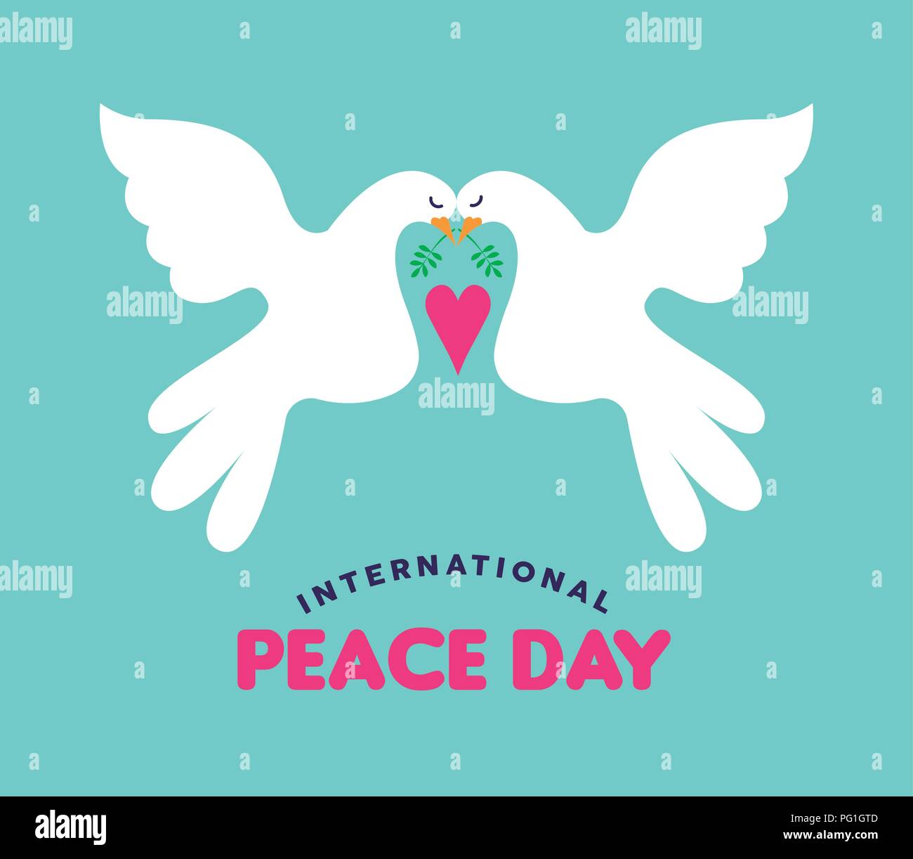International Peace Day illustration of white doves couple falling in love. Hand drawn style concept design greeting card for global event peaceful ce Stock Vector