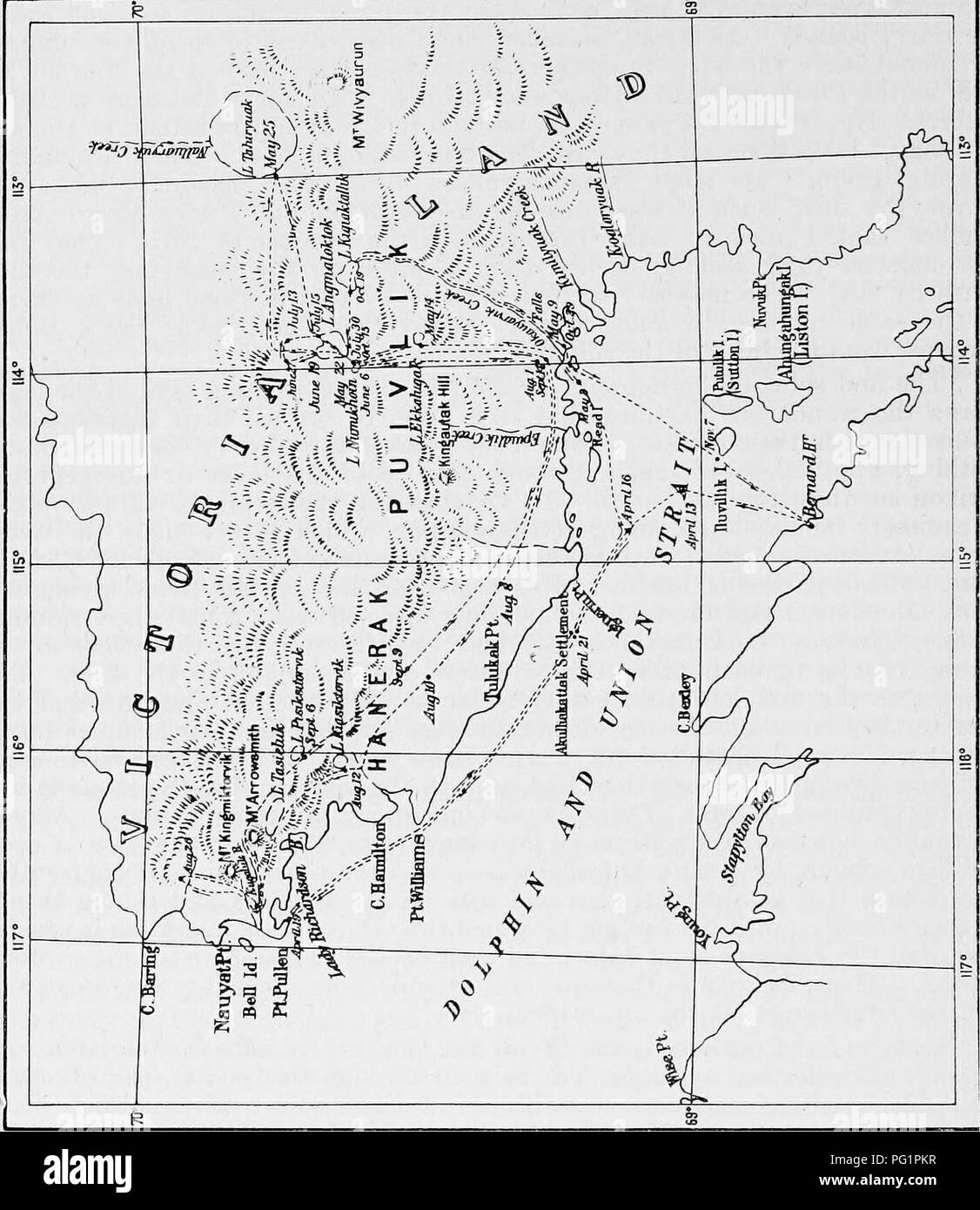. Report of the Canadian Arctic Expedition 1913-18. Scientific expeditions. 126 Canadian Arctic Expedition, 1913-18. Map 1. Sketch map of south-western Victoria island showing wanderings of Puivlik Eskimos from April to November ,1915. Please note that these images are extracted from scanned page images that may have been digitally enhanced for readability - coloration and appearance of these illustrations may not perfectly resemble the original work.. Canadian Arctic Expedition (1913-1918). Ottawa, F. A. Acland, Printer to the King Stock Photo