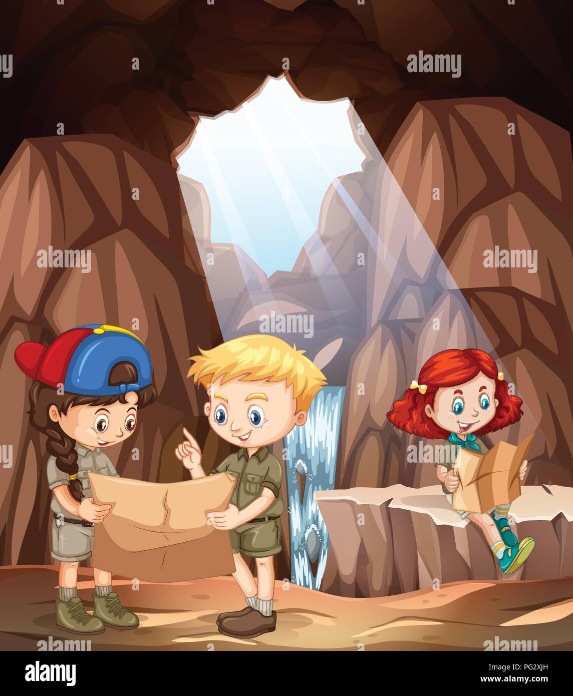 children exploring a cave illustration Stock Vector