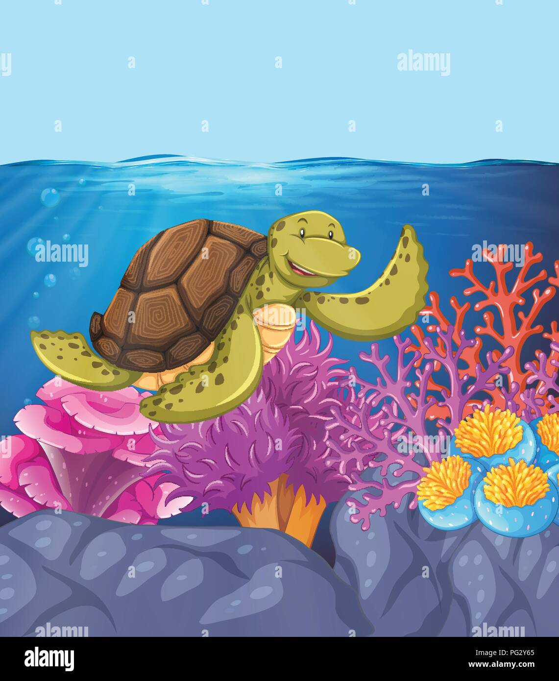 Happy turtle underwater reef scene illustration Stock Vector
