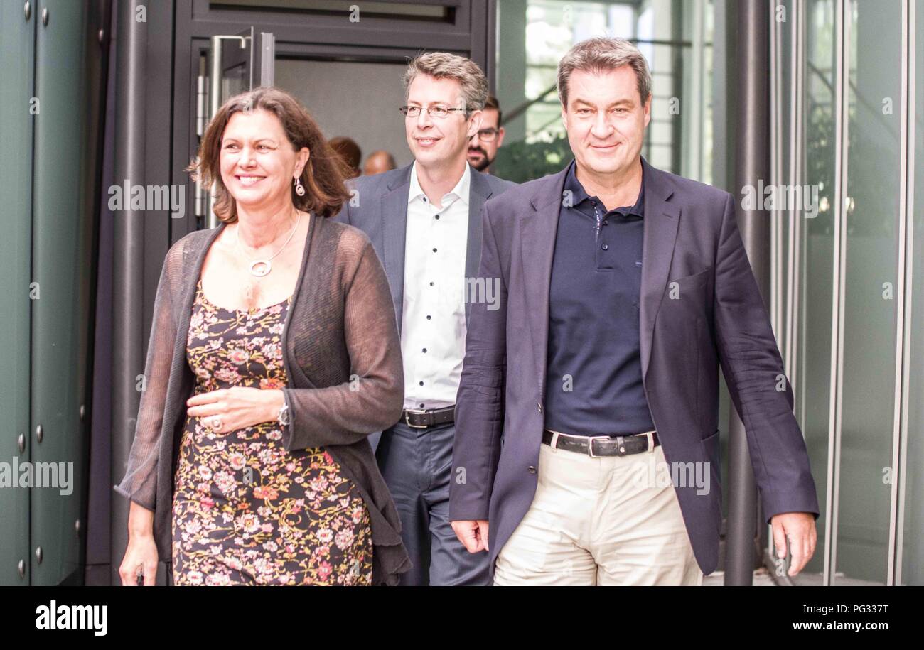 Munich, Bavaria, Germany. 23rd Aug, 2018. ILSA AIGNER, MARKUS SOEDER and MARKUS  BLUME of the CSU. The Bavarian CSU party revealed today the first posters  and slogans for the October Bavarian Landtagswahl (