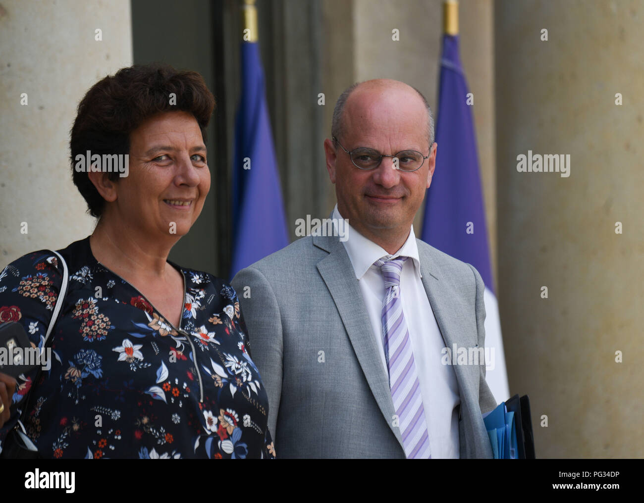 Paris, France. August 22, 2018 - Paris, France: French Minister of Higher  Education Frederique Vidal (L) and Minister of education minister Jean-Michel  Blanquer leave the Elysee palace after a Council of Ministers.
