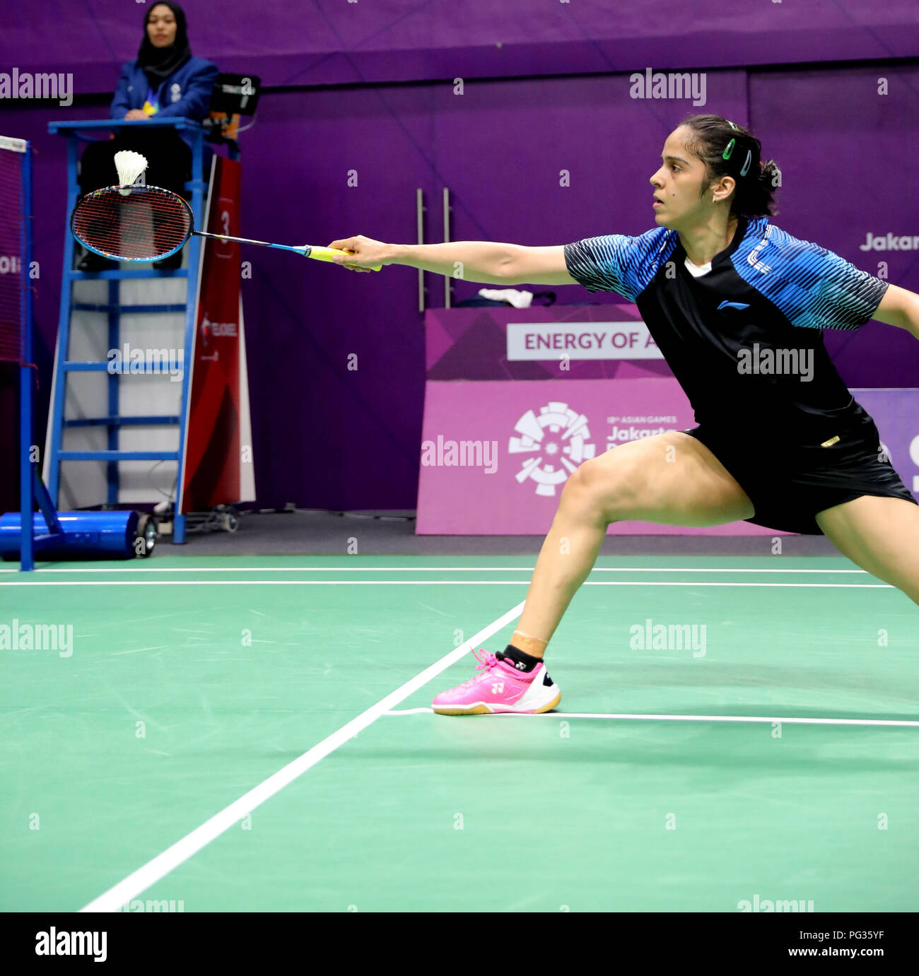 Jakarta, Indonesia, 23rd Aug 2018 Badminton Indias Star Shuttler Saina Nehwal in action who defeated her