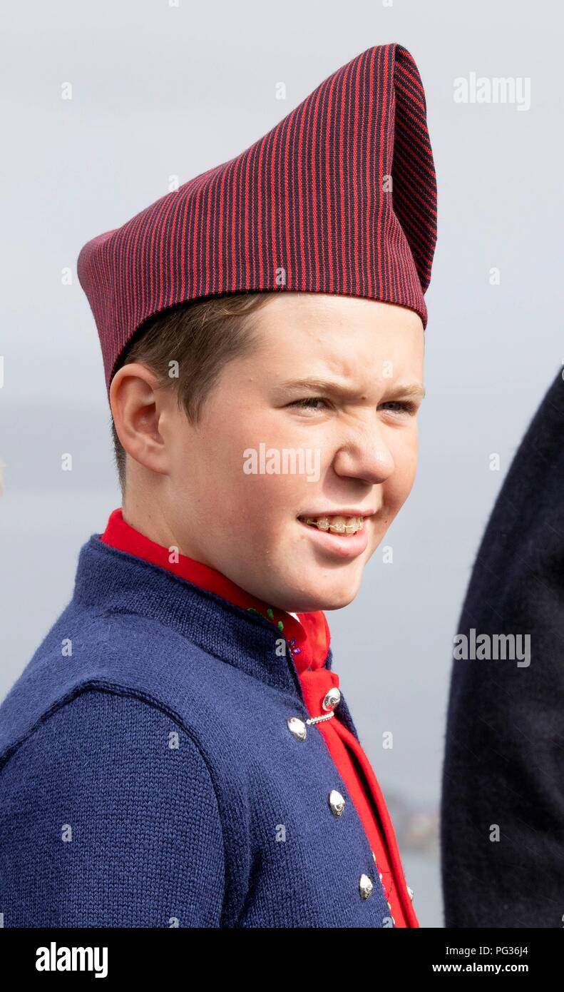Torshavn, Faroe Islands, Denmark. 23rd Aug, 2018. Prince Christian of Denmark arrive with the The Royal Ship, HDMY Dannebrog at Bursatangi, on August 23, 2018, on the 1st of the 4 days visit to the Faroe Islands Photo : Albert Nieboer/ Netherlands OUT/Point de Vue OUT | Credit: dpa/Alamy Live News Stock Photo