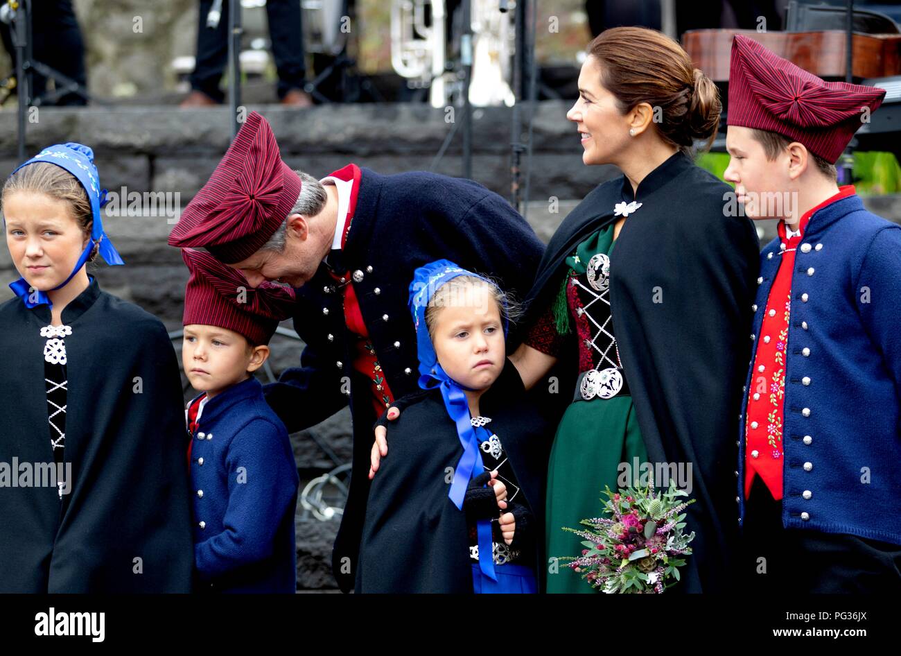 Torshavn, Faroe Islands, Denmark. 23rd Aug, 2018. Crown Prince Frederik, Crown Princess Mary, Prince Christian, Princess Isabella, Prince Vincent and Princess Josehpine of Denmark arrive with the The Royal Ship, HDMY Dannebrog at Bursatangi, on August 23, 2018, on the 1st of the 4 days visit to the Faroe Islands Photo : Albert Nieboer/ Netherlands OUT/Point de Vue OUT | Credit: dpa/Alamy Live News Stock Photo