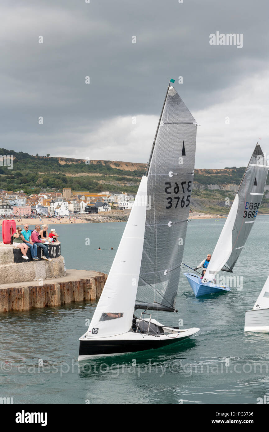 Lyme Regis, Dorset UK 23rd August 2018. Merlin Class dingies sail right into a crowded harbour  in gusty winds after a days racing competition at the National Sailing Championships. Credit: Julian Eales/Alamy Live News Stock Photo