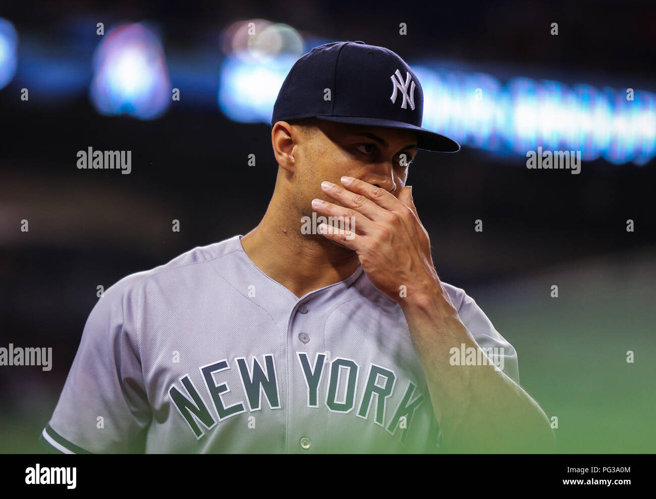 August 22, 2018: New York Yankees right fielder Giancarlo Stanton (27)  during a MLB game between the New York Yankees and the Miami Marlins at the  Marlins Park in Miami, Florida. The