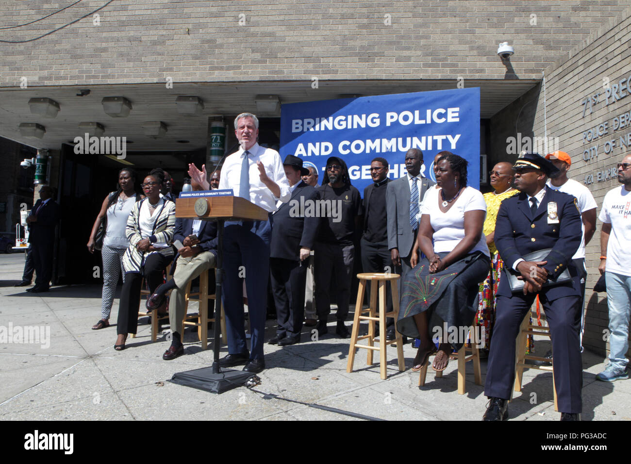 Brooklyn, NY, USA. 23rd Aug, 2018. New York City Mayor Bill De Blasio along with Brooklyn Borough President Eric Adams, New York City Council Member Alicka Ampry-Samuel, NYPD Chief of Patrol, Rodney Harrison along with several community leaders announce plan to redesign the entrance and waiting areas of four Brooklyn Precincts (71st, 73rd, 75th and 77th precincts) on August 23, 2018 in the Crown Heights section of Brooklyn, New York. Credit: Mpi43/Media Punch/Alamy Live News Stock Photo