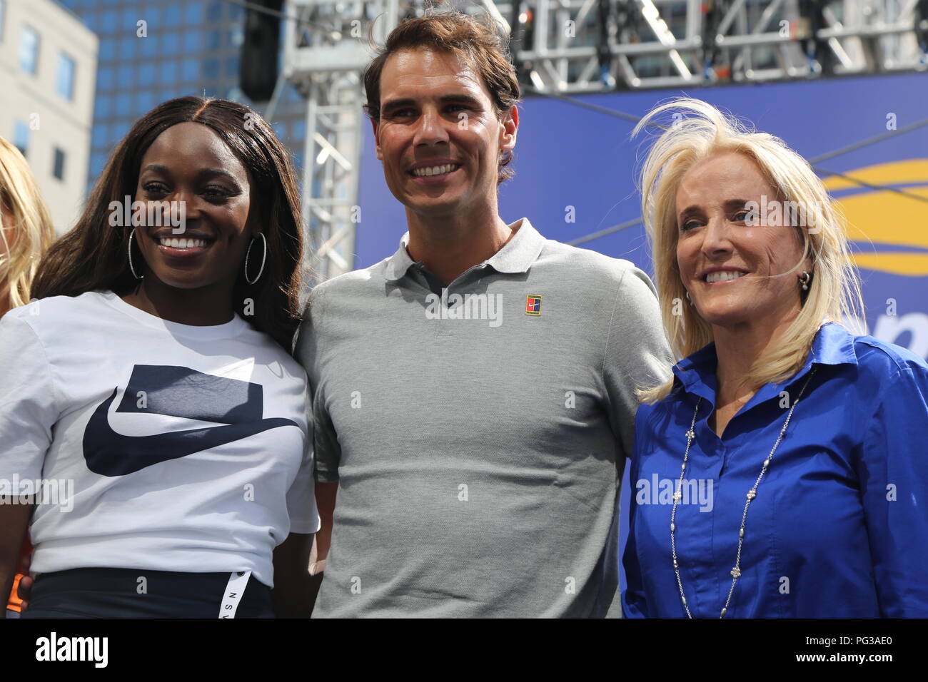 New York, USA. 23rd August, 2018. US Open champions Sloane Stephens (L), Rafael Nadal and Tracy Austin attend 2018 US Open Draw Ceremony at Brookfield Place in Manhattan Credit: Leonard Zhukovsky/Alamy Live News Stock Photo