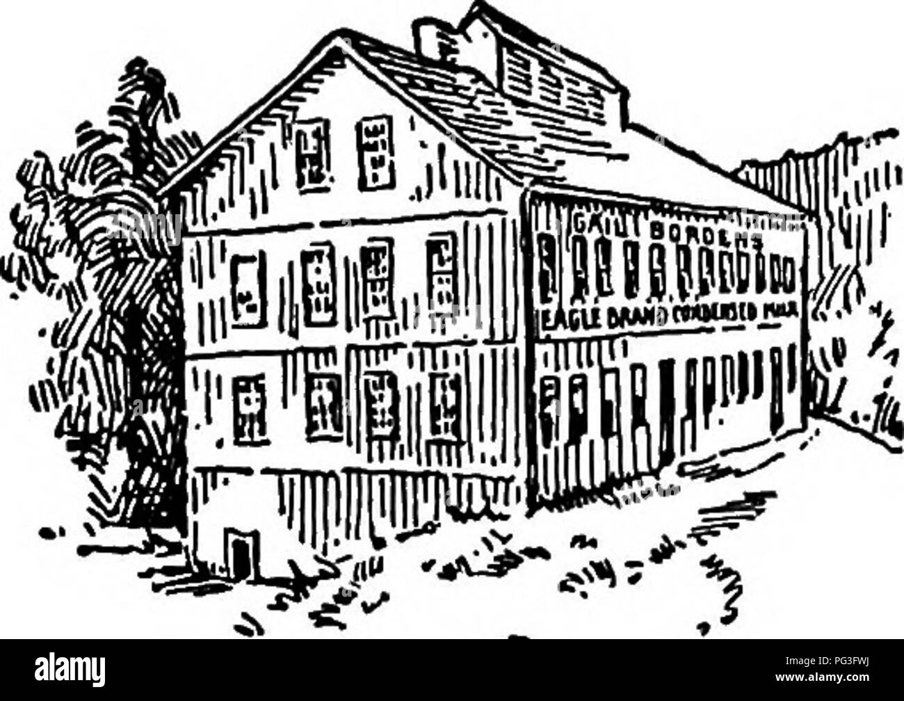 . Condensed milk and milk powder, prepared for the use of milk condenseries, dairy students and pure food departments. Condensed milk. 20 History and Development. Fig 3. The first condensed milk factory In America, Wolcottvllle, Conn. densed milk as a commodity become fully recognized. During the Civil War there was a great demand for this product and from that time on the industry grew with great rapid- ity. The first factory was operated by Gail Borden in Wolcottvllle, Litchfield county, Connecticut, in the summer of 1856, but disap- pointed in not obtaining means, nothing was accomplished.  Stock Photo