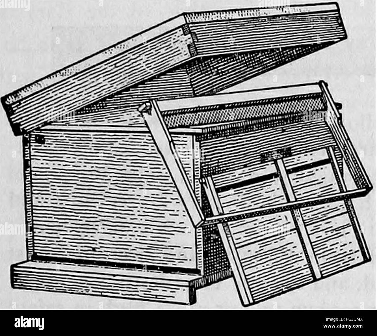 . Fifty-seventh annual price list of Italian bees, queens and bee keepers' supplies. Bees; Bee culture. BEE-KEEPERS' SUPPLIES One Story Simplicity Langstrotli Hive. This hive fig. 335 is one of the best styles in the market today and is preferred by many. It is similar in construction to the dovetailed style, comprising all of the important features, and has the additional ad- vantage of the rabbets which enables one to tier up the hives or supers without danger of their being easily knocked out of place. The body is 16Xx20x 9)4 deep and is strong in construction, the corners being grooved and Stock Photo