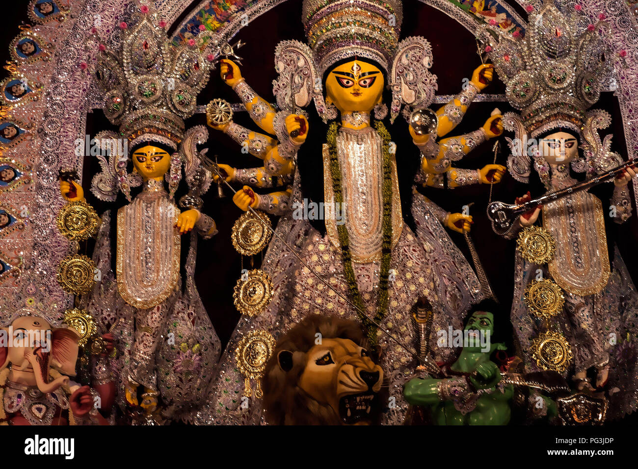 The Goddess Durga,with Her Family,pet lion,Terrible,Devil , worshipped ,Heritage,unchanged model,two centuries,Baghbazar,Kolkata,India. Stock Photo