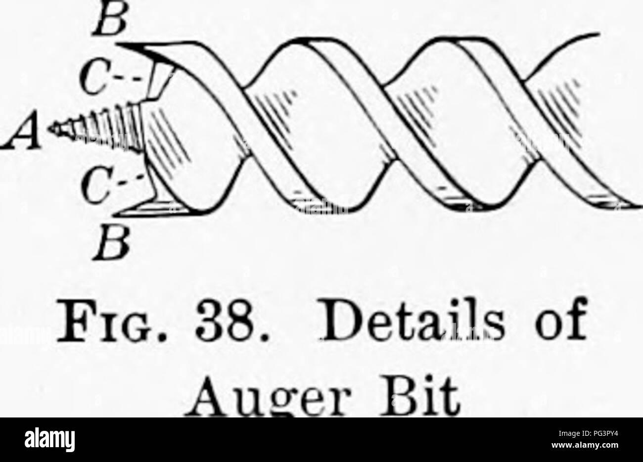 . Elementary woodworking. Woodwork; Trees. 28 ELEMENTARY WOODWORKING the wood, and so a smooth hole could be bored; but considerable pressure was necessary to force the tool through the wood. The progress that has been made in the manufacture of tools can be easily appreciated by comparing this center bit with the modern auger bit. Referring to the sketch (Fig. 38), B B are two knife points, or nibs, which cut the wood fibers before the chisel edges, or lips, C C, can touch the wood. The point A allows us to accurately place the center of the hole where we wish it, and the screw back of A draw Stock Photo