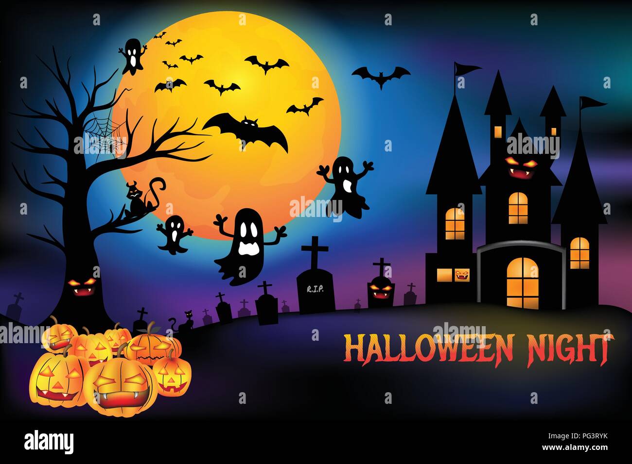Halloween pumpkins and creepy castle, death tree with cemetery graveyard and bats with full moon background, Halloween Night party poster brochure wit Stock Vector