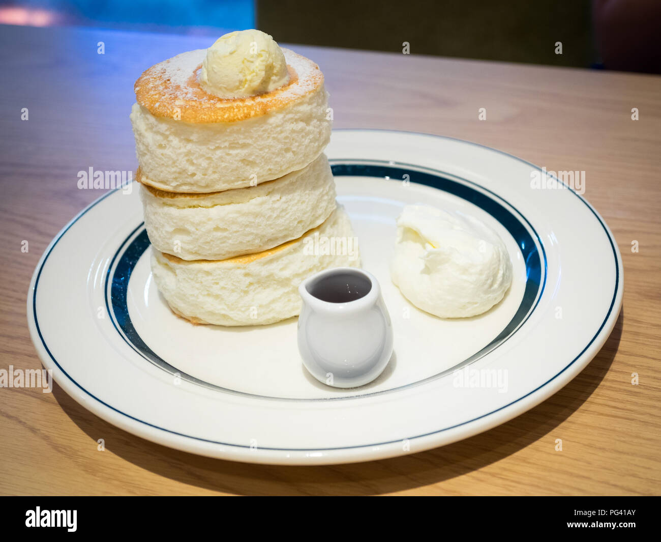 Premium Japanese soufflé pancakes from Gram Café and Pancakes in HIroshima, Japan. Stock Photo