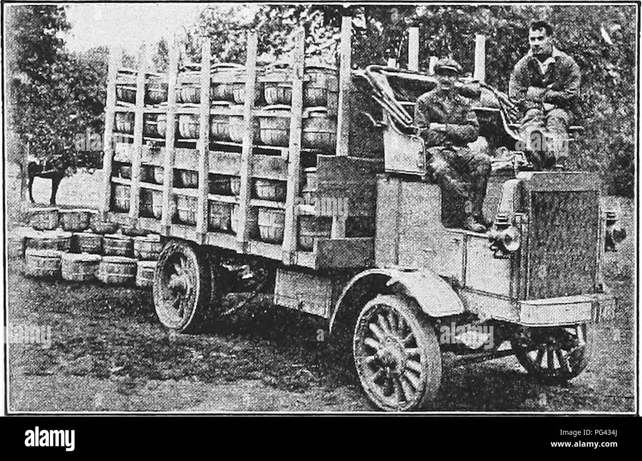 . Modern fruit marketing : a complete treatise covering harvesting, packing, storing, transporting and selling of fruit . Fruit trade. 150 MODERN PRUIT MARKETING such fruit goes into the hold of the ship as ballast rather than in any other way. On the smaller boats for coast or river traffic, fruit is usually loaded by truckers who run the packages down the gangway into the freight quarters, but for the larger ocean boats, the packages are hoisted in a net run- ning from 5 to 15 barrels at one time. These are. Fig. 107.—EFFICIENT TRANSPORTATION ON GOOD ROADS FOR 15 OR 20 MILES lifted by the do Stock Photo