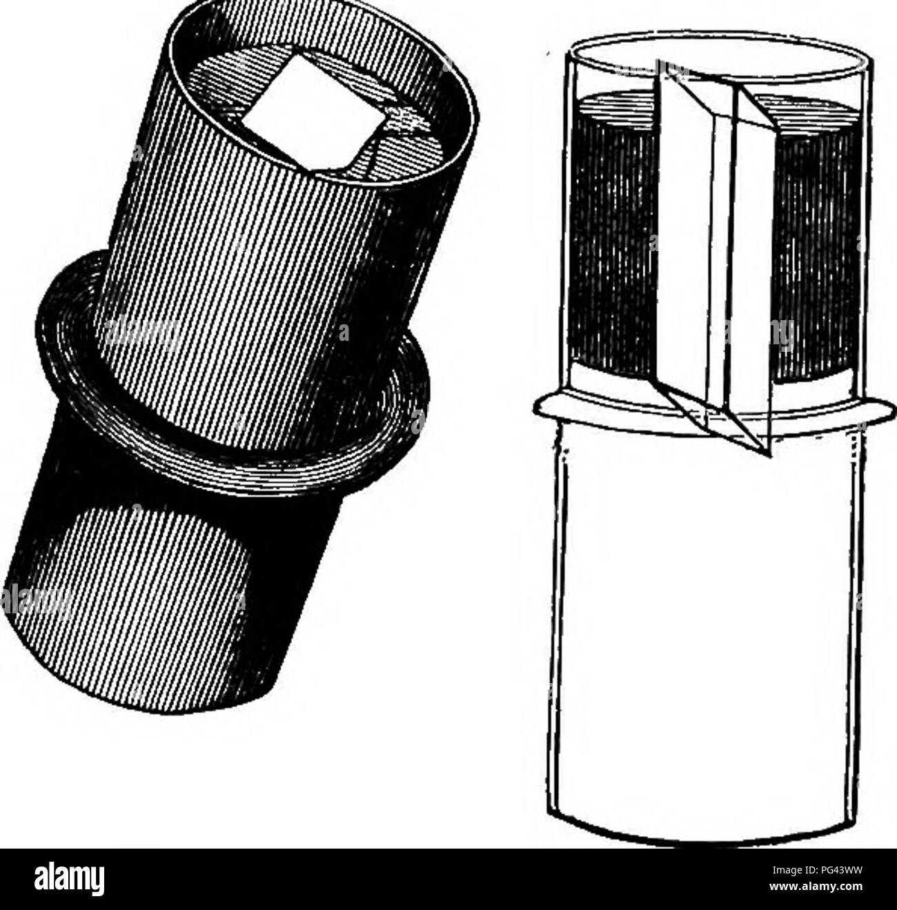 . A practical treatise on the use of the microscope, including the different methods of preparing and examining animal, vegetable, and mineral structures. Microscopes; Microscopy. Fig. 66. a milled edge; this lower prism is termed the polarizer, in contradistinction to another fitted to the top of one of the eye-pieces, and termed the analyzer. An end view of one of the prisms is seen at fig. 67, and a vertical section at fig. 68. When applied to the mi- croscope, it is necessary that the axes of both crys- tals should coincide with each other and with the optical parts of the mi- croscope, as Stock Photo
