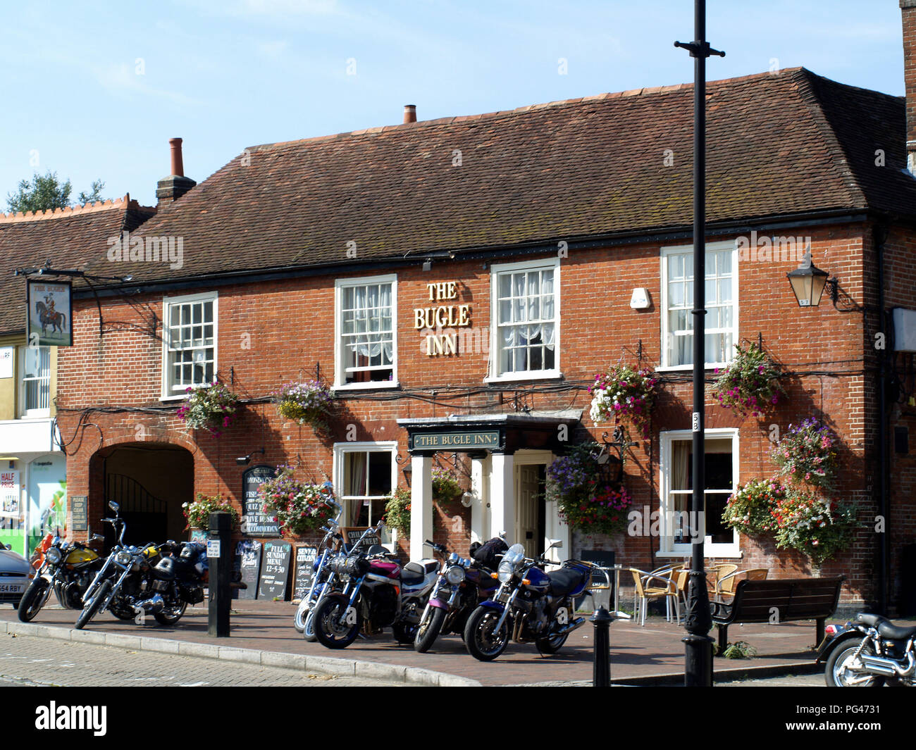 Motorcycles outside The Bugle public house in Botley, Hamshire, England