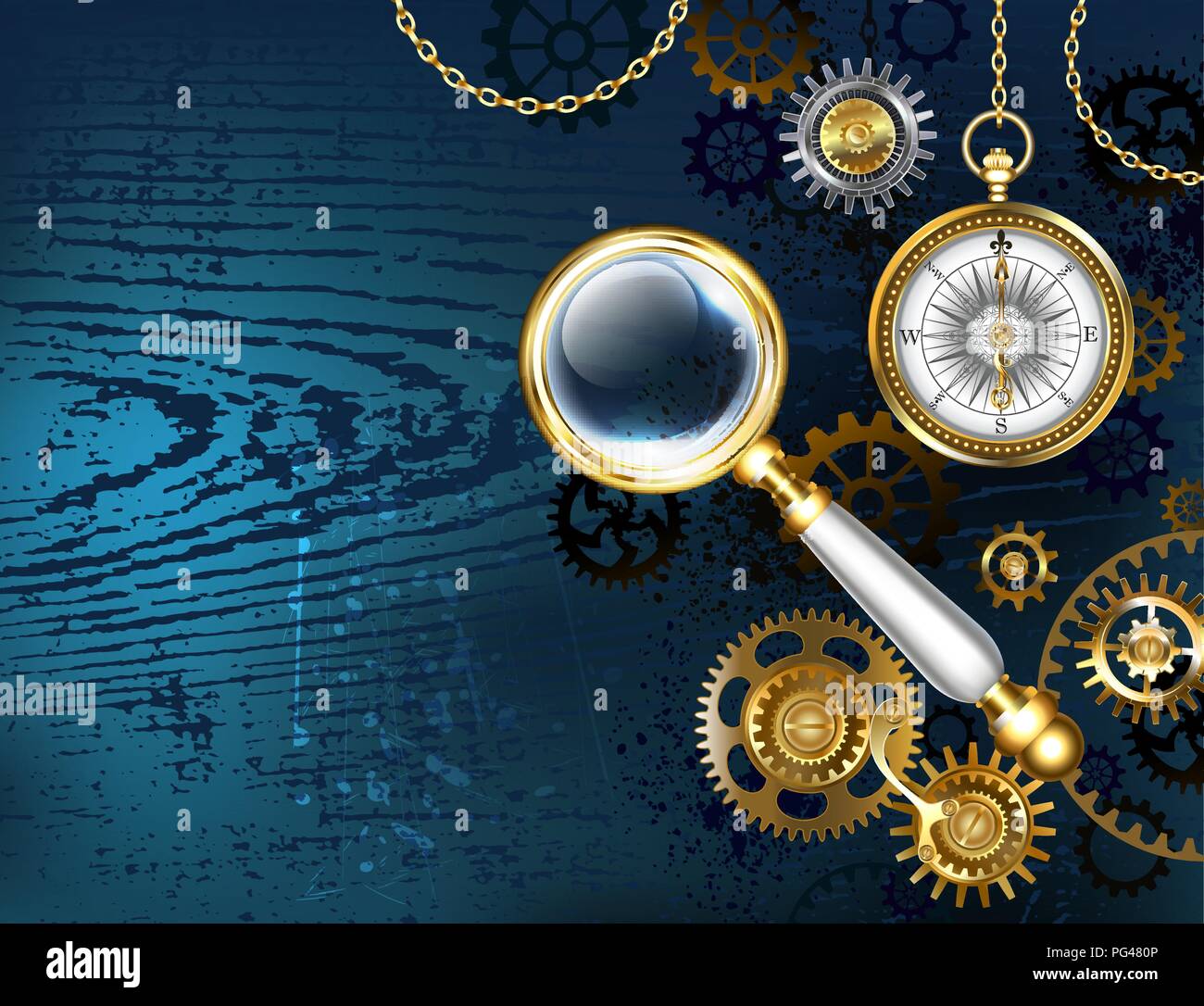 Blue wooden background with jeweler magnifier, antique compass and gold and brass gears. Steampunk style. Stock Vector