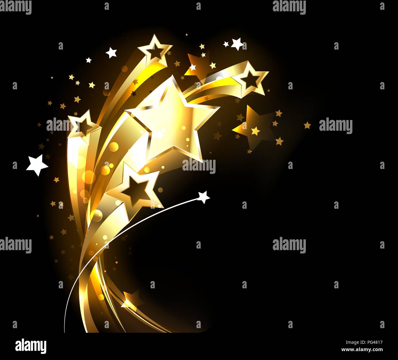 Five soaring, golden, shining stars on black background. Stock Vector