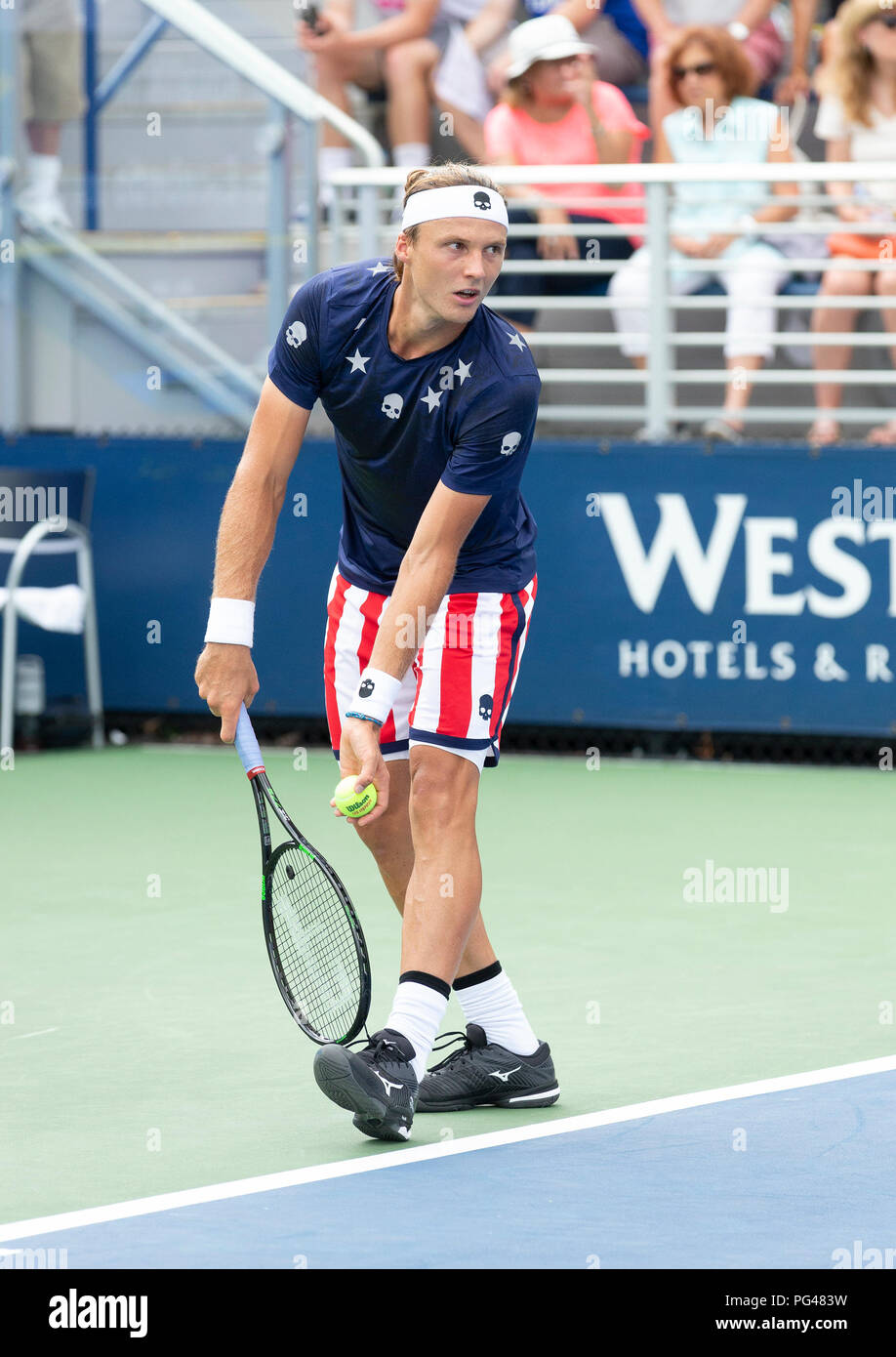 New York, United States. 22nd Aug, 2018. Jozef Kovalik of Slovakia serves  during qualifying day 2 against Ernesto Escobedo of USA at US Open Tennis  championship at USTA Billie Jean King National