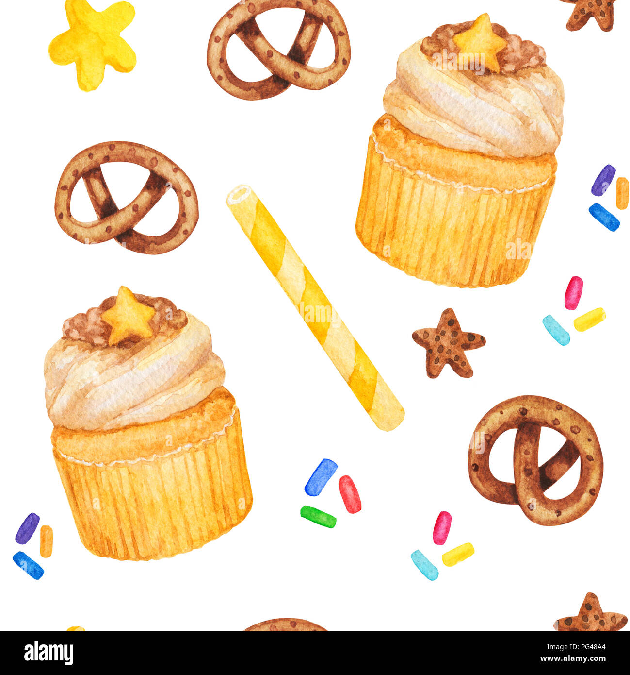 Watercolor cupcake sweets seamless pattern, fairy cake isolated on a ...