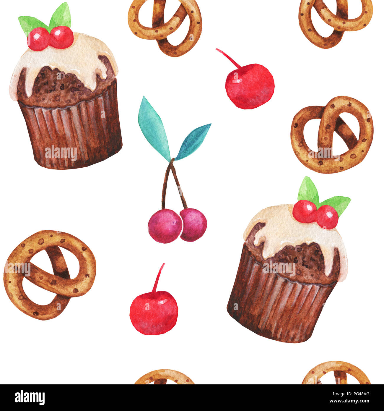 Watercolor cupcake sweets seamless pattern, fairy cake isolated on a ...