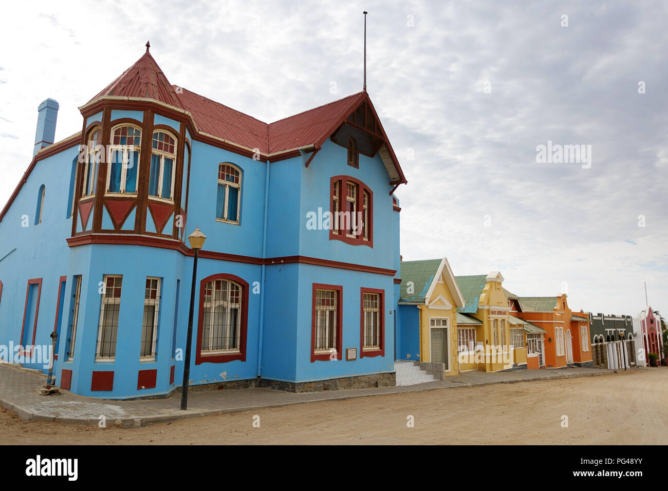 Blue colonial house in Luderitz, Namibia Stock Photo