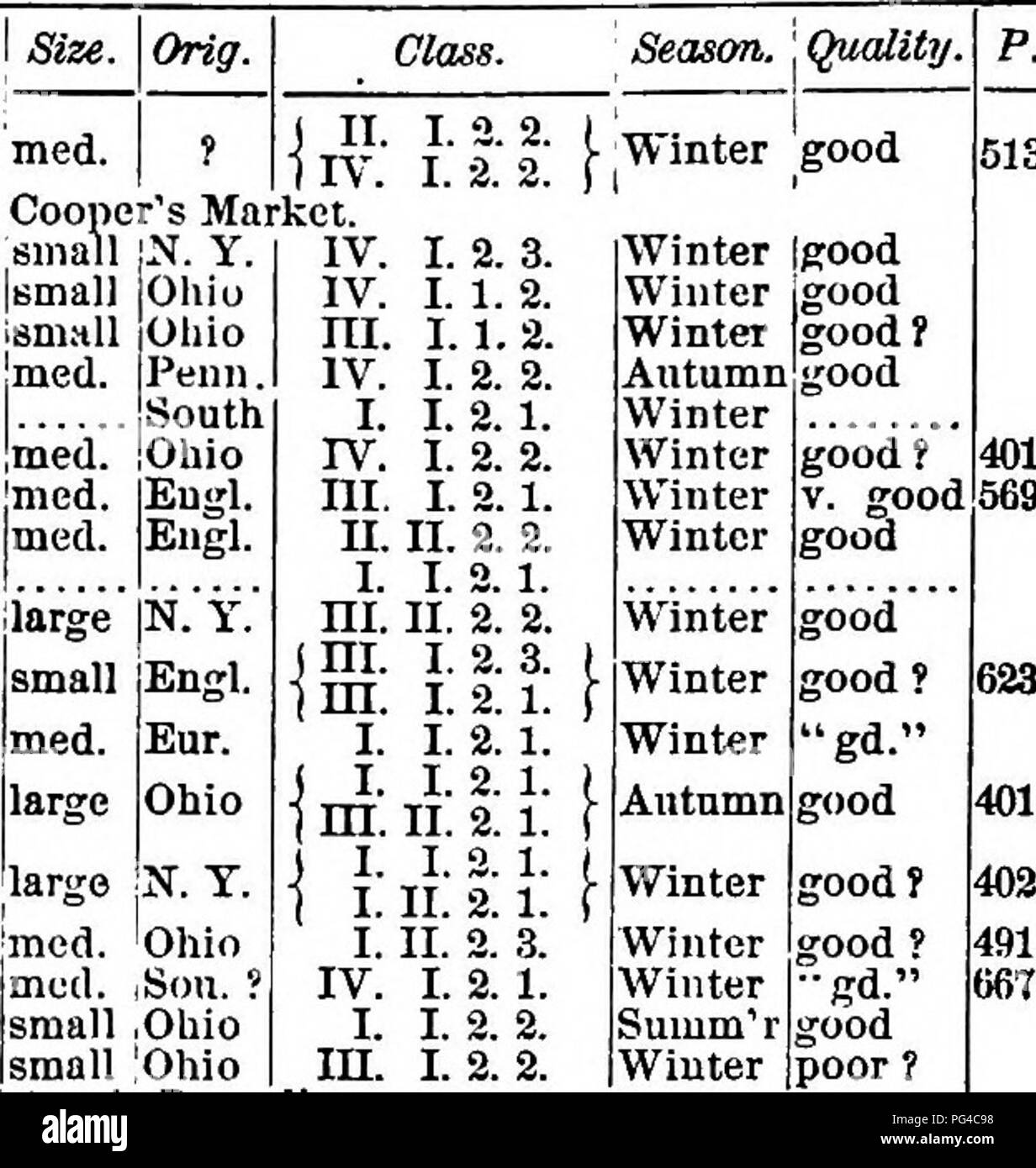 . American pomology : apples . Apples. 716 CATALOGUE AlTD INDEX OE APPI. Cooper's Market Cooper^s Ifed/ing, Synonym of Coov)er''s Market. Cooper's Russciing small Cope's Red Sweet |smalJ Cope's Sweet ismall Cornell's Fancy jmed. Cornfield Cornfield Imed. CoriilNli Aromatic jmed. Cornish Gilliftower med. Corse's Favorite I Cos large Court of Wyck Court Pendu Plat Cracking , med. med. IV. large med. Cranberry Pippin.. Cranberry RuÂ«8ct.. Crawford's Keeper. Crei&gt;jhtou Crib Civoked Limb. Synonym of Watson's Bumplin?. Cropsey's Favorite med. Ills, j fy Crow's Egg Crow's Effij Crownest Cnllasasa  Stock Photo