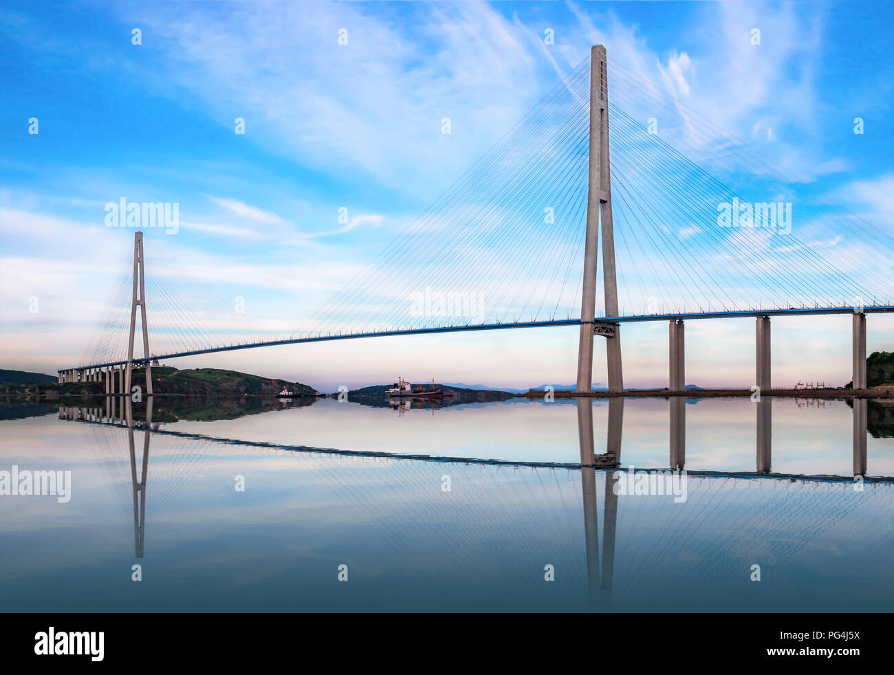 The Russky or Russian bridge to Russky Island is in Vladivostok provides communication with the mainland for university facilities, oceanarium and settlement Stock Photo