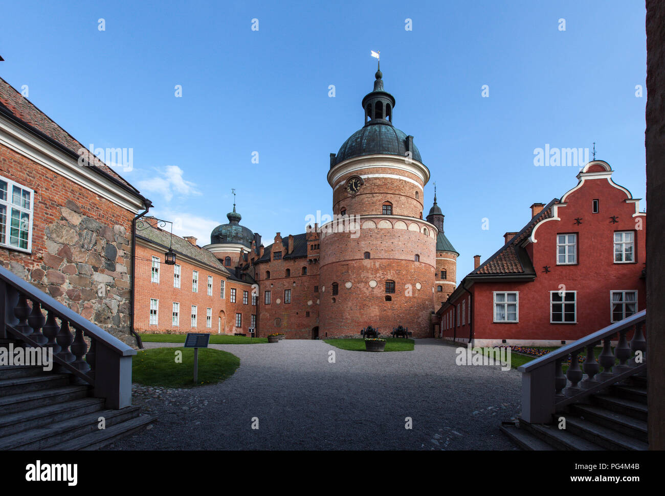 GRIPSHOLM CASTLE, SWEDEN ON MAY 11, 2018. View of the courtyard beyond the entry. Buildings and pathways. Editorial use. Stock Photo