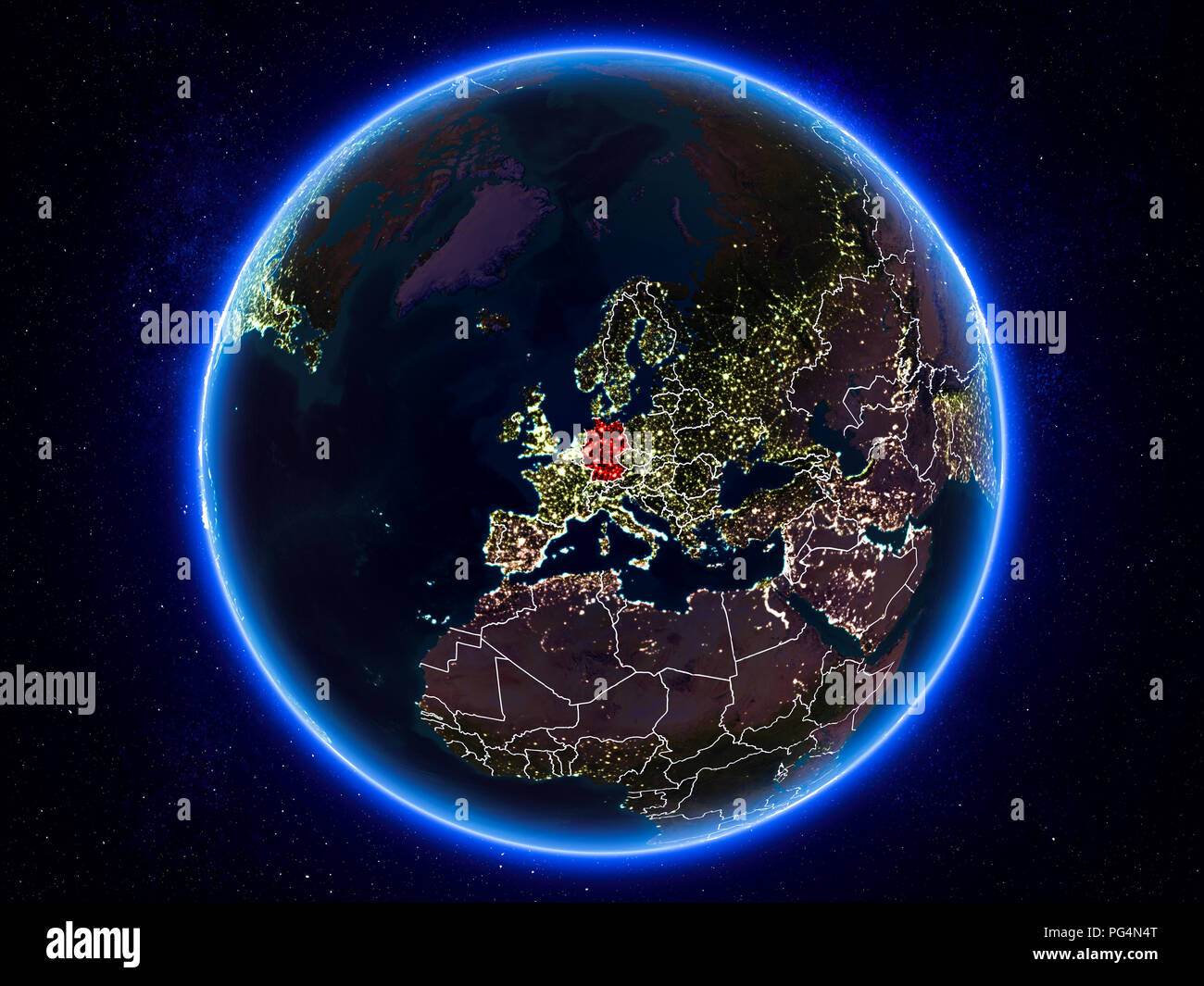 Germany highlighted in red on planet Earth at night with visible borders and city lights. 3D illustration. Elements of this image furnished by NASA. Stock Photo