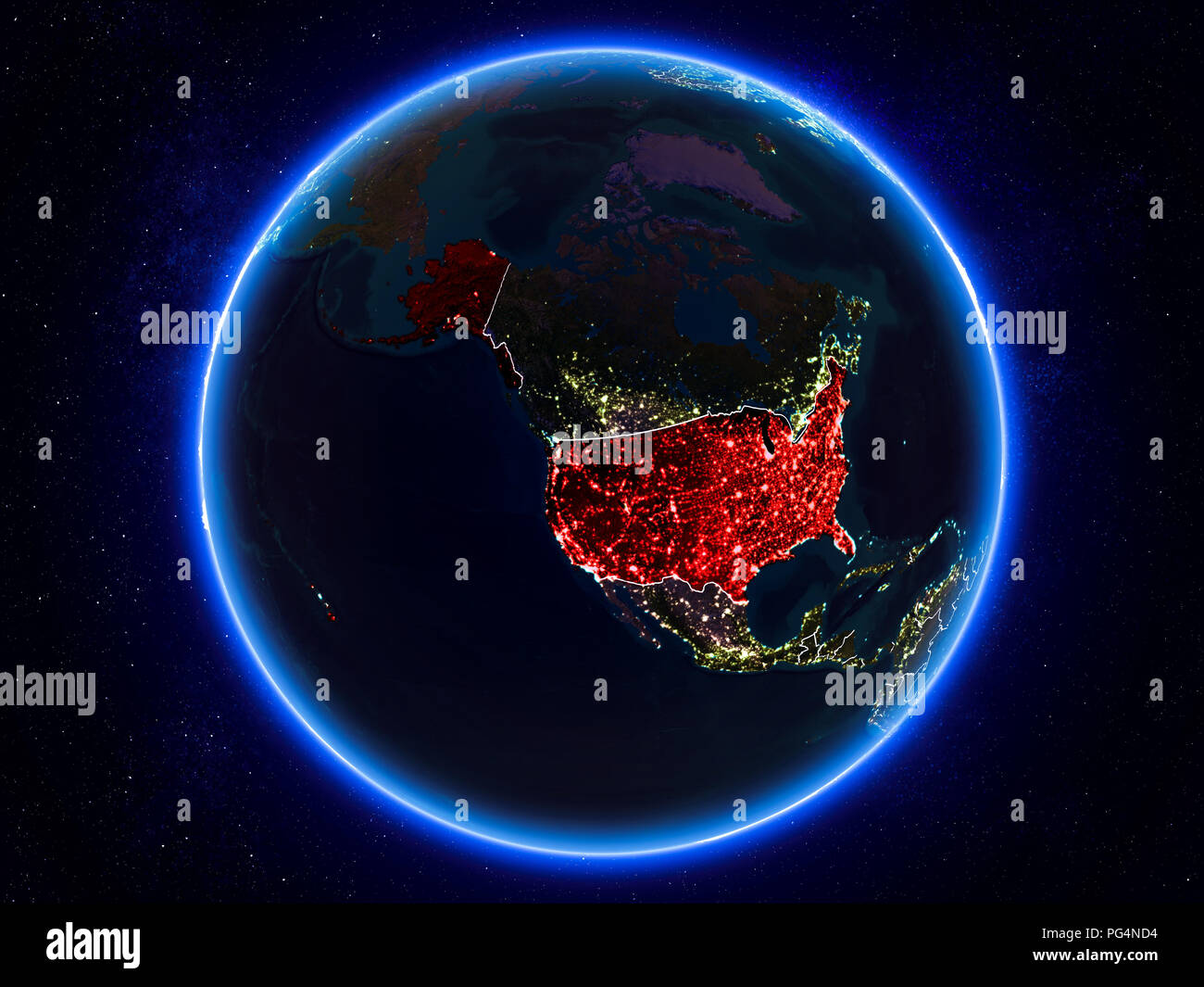 USA highlighted in red on planet Earth at night with visible borders ...