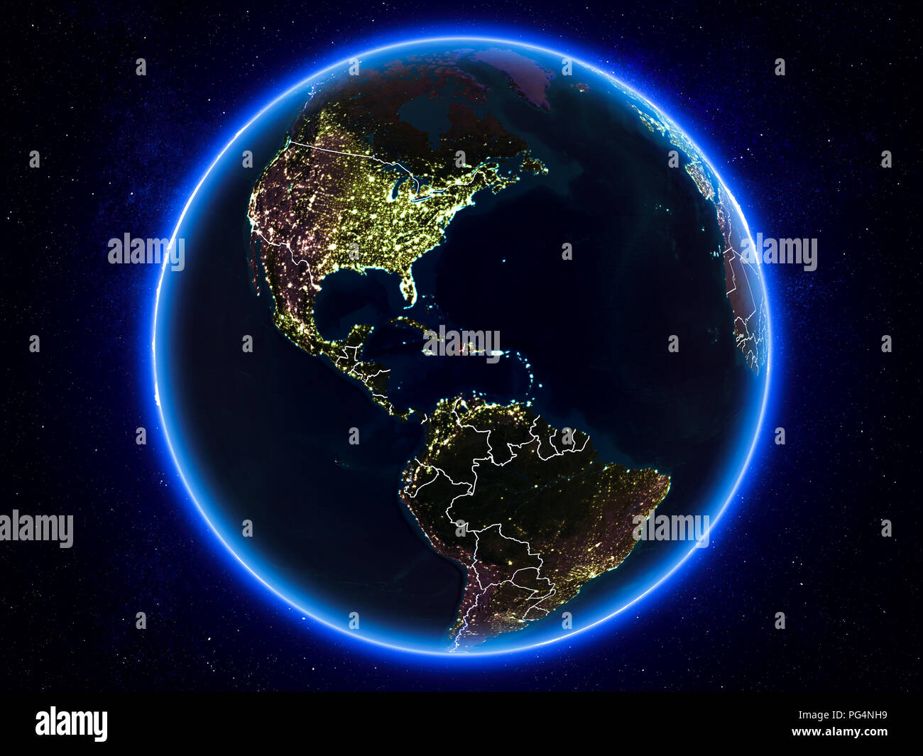 Haiti highlighted in red on planet Earth at night with visible borders ...