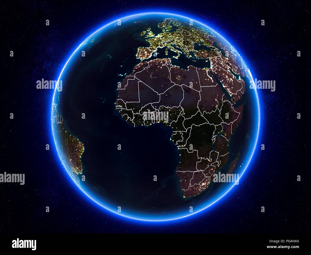 Benin highlighted in red on planet Earth at night with visible borders