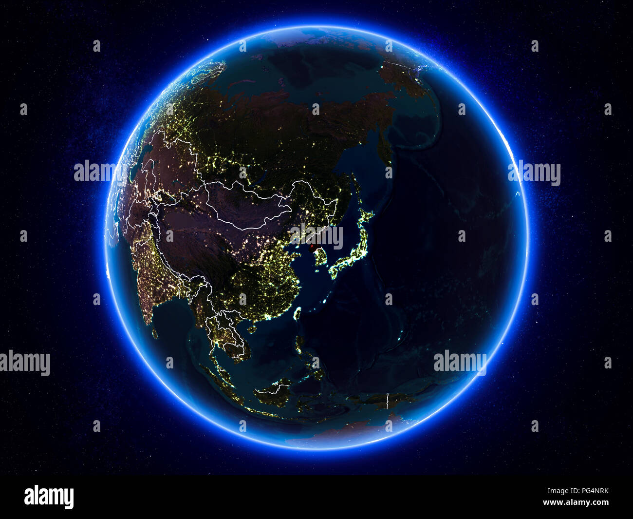 North Korea highlighted in red on planet Earth at night with visible ...