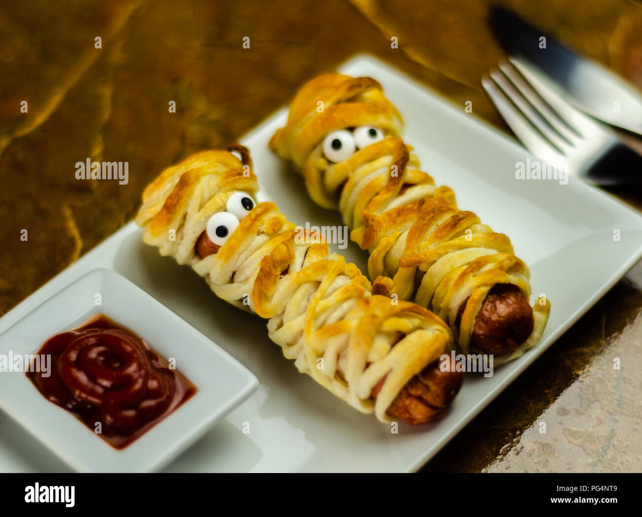 Sausage Mummies In Dough Scary Halloween Food Celebration Party With Funny Eyes Food For Kids Stock Photo Alamy