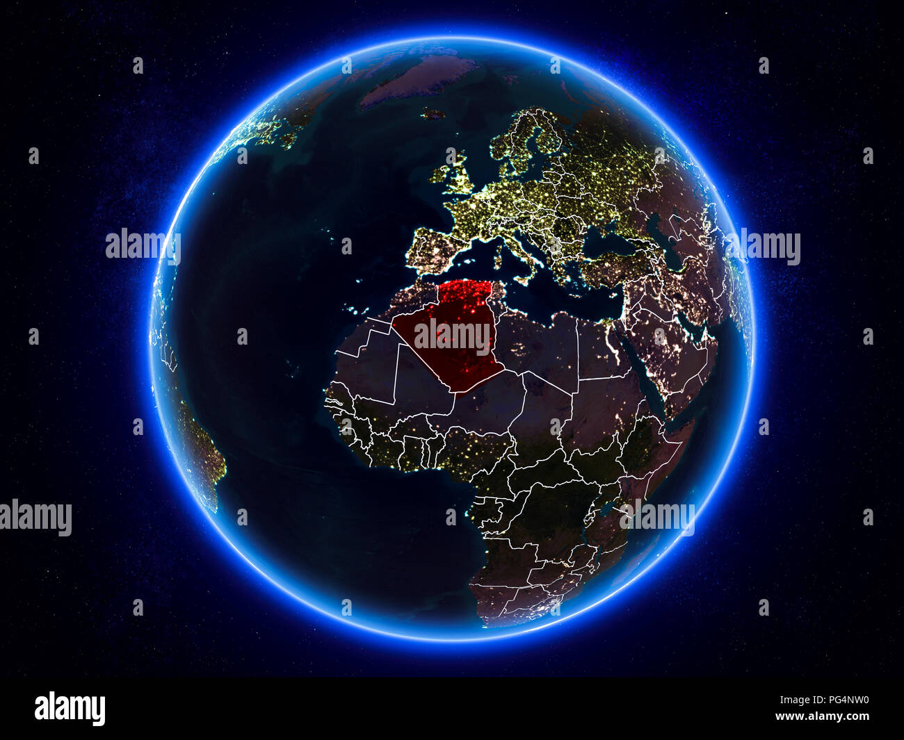 Algeria highlighted in red on planet Earth at night with visible