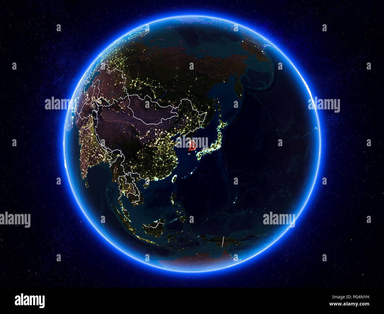 South Korea highlighted in red on planet Earth at night with visible ...