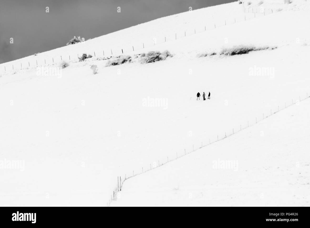 Some people in the middle of snow on a mountain, near some fences Stock Photo