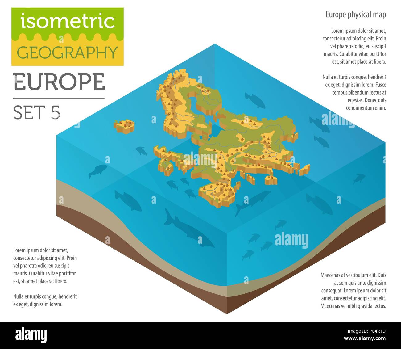 Isometric 3d Europe physical map constructor elements on the water surface. Build your own geography infographics collection. Vector illustration Stock Vector