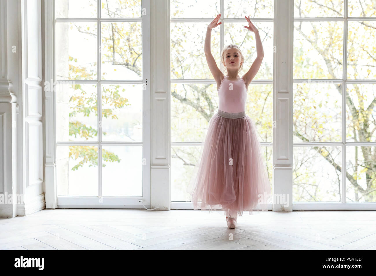 Ballerina girl in a pink ballet skirt. Beautiful graceful ballerine  practice ballet positions in tutu skirt near large window in white light  hall Stock Photo - Alamy