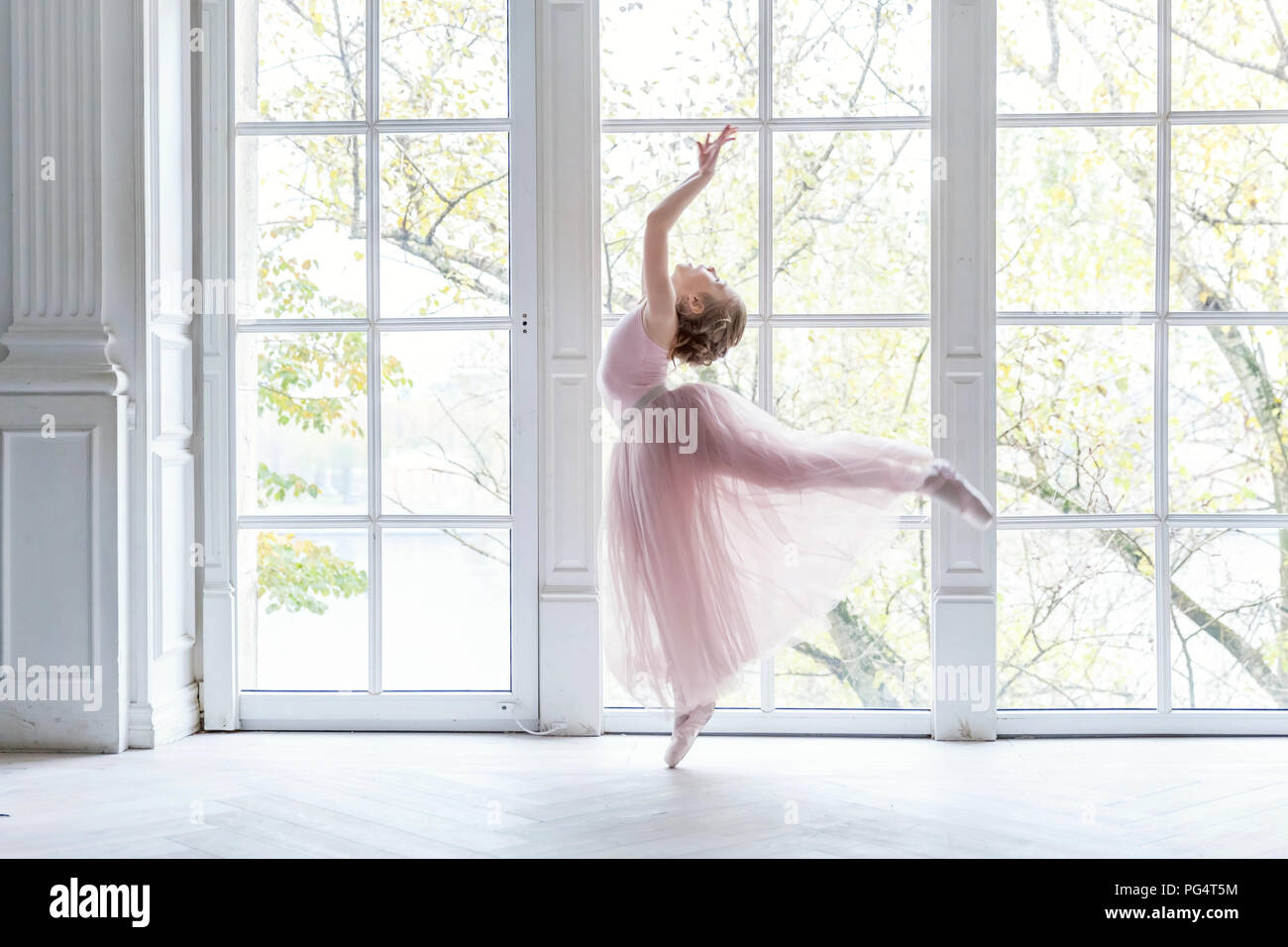 Ballerina girl in a pink ballet skirt. Beautiful graceful ballerine practice ballet positions in tutu skirt near large window in white light hall Stock Photo Alamy