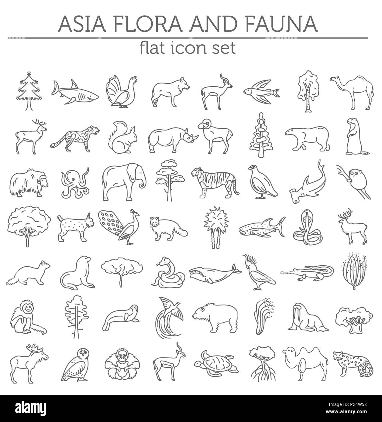Flat Asian flora and fauna  elements. Animals, birds and sea life simple line icon set. Vector illustration Stock Vector