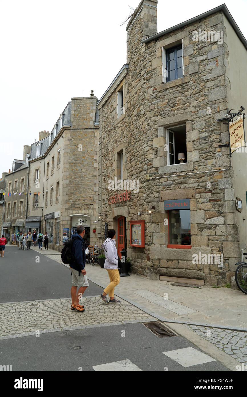 Creperie de la Poste, Rue Gambetta, Roscoff, Finistere, Brittany, France Stock Photo