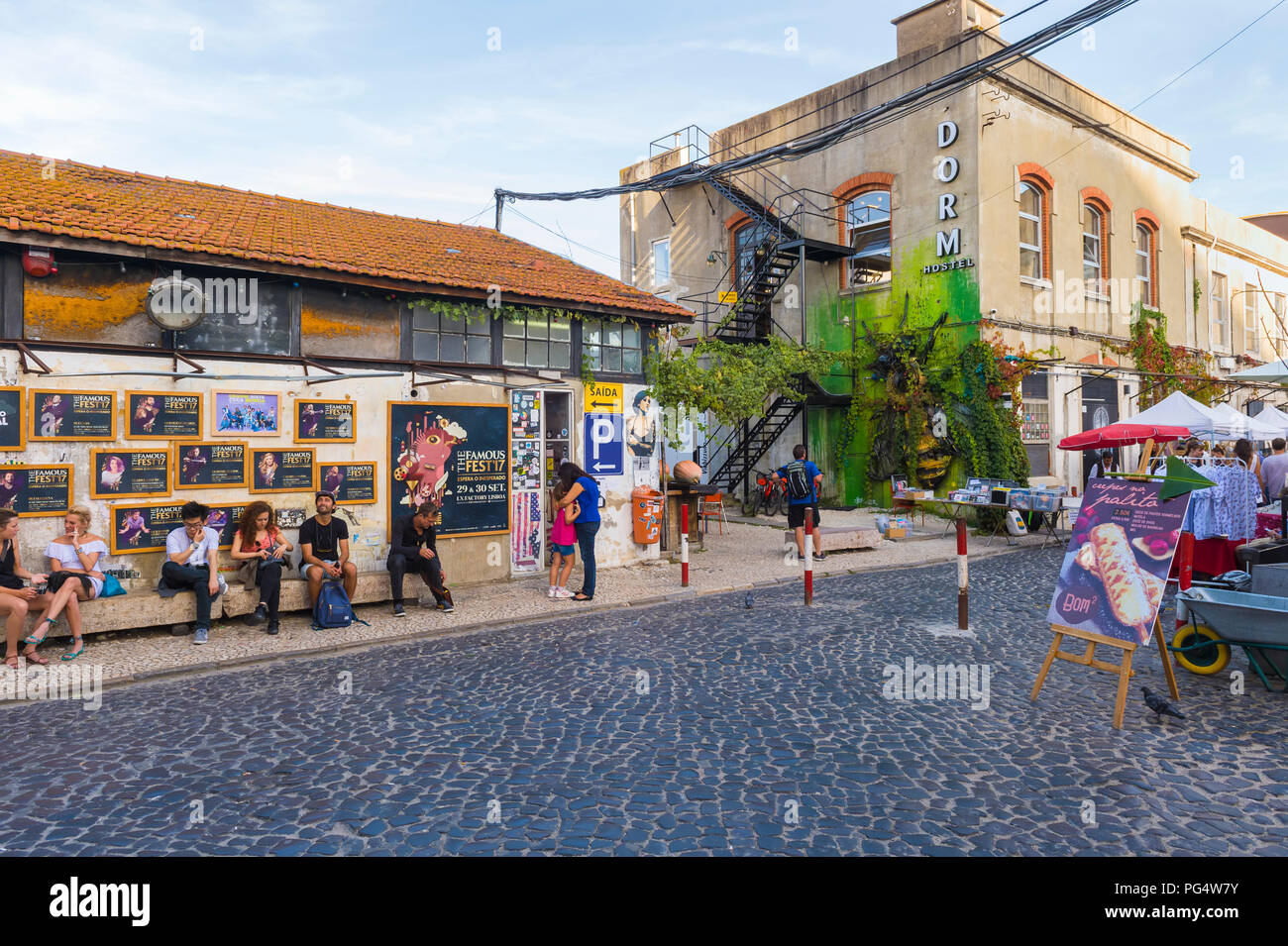 Cobble street in LX Factory street market, Lisbon, Portugal Stock Photo